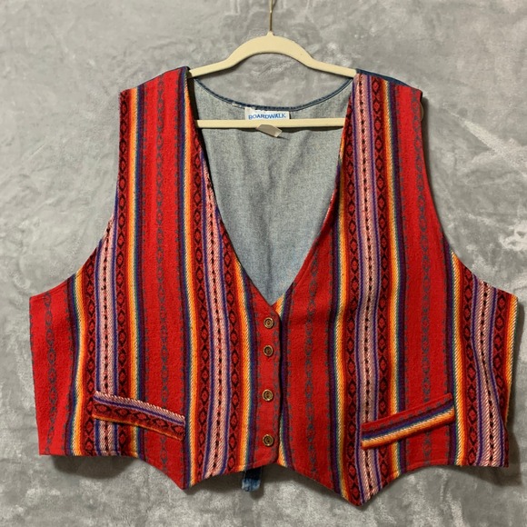 Vintage Boardwalk Southwest Vest Denim Back Tie Red Stripe Boho Hippie 24 - Picture 1 of 15